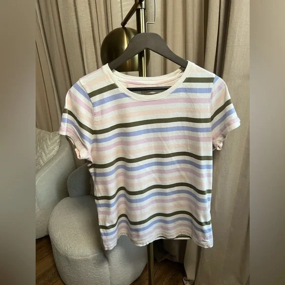 J.Crew White Striped Crewneck Cotton Tee | Large - Picture 2 of 5